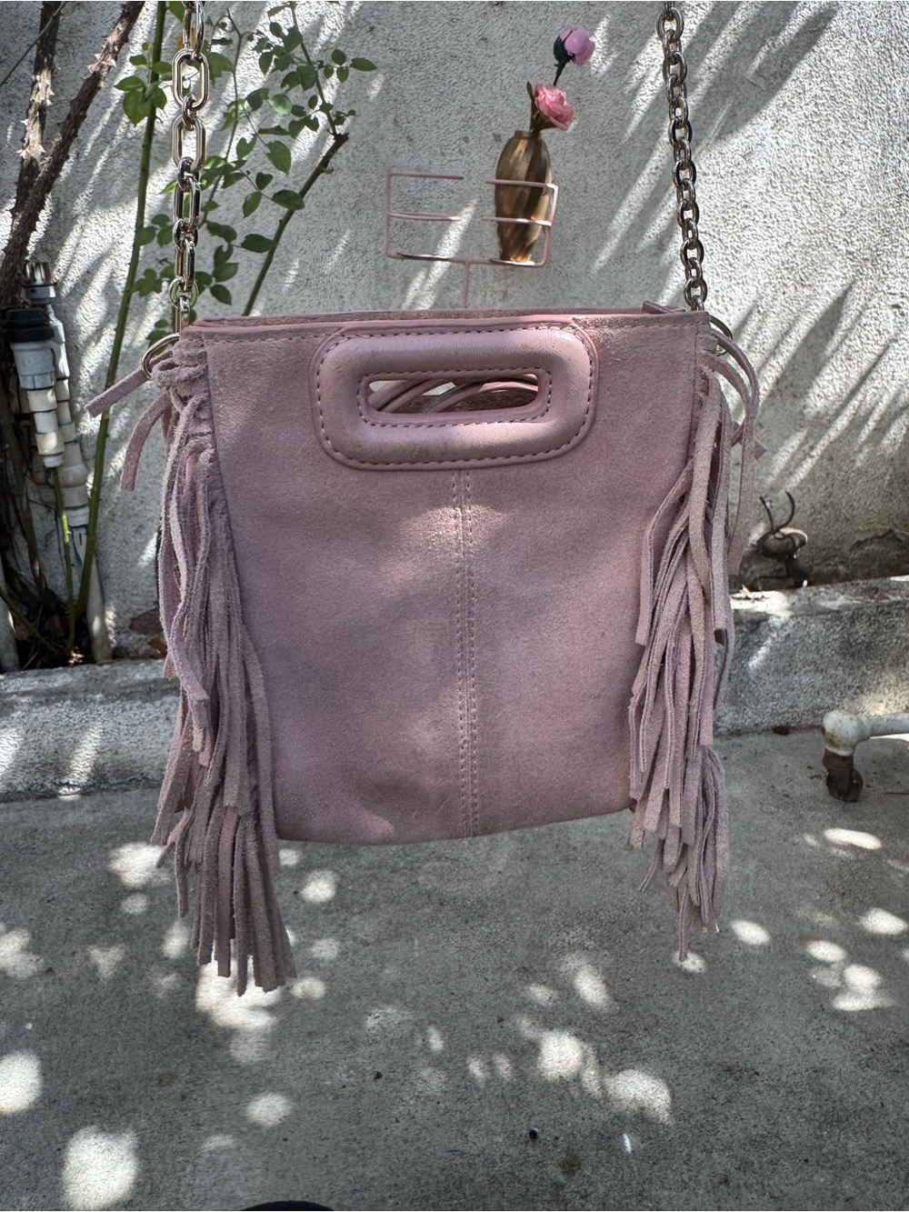 Maje Dusty Pink Suede Fringe Shoulder Bag